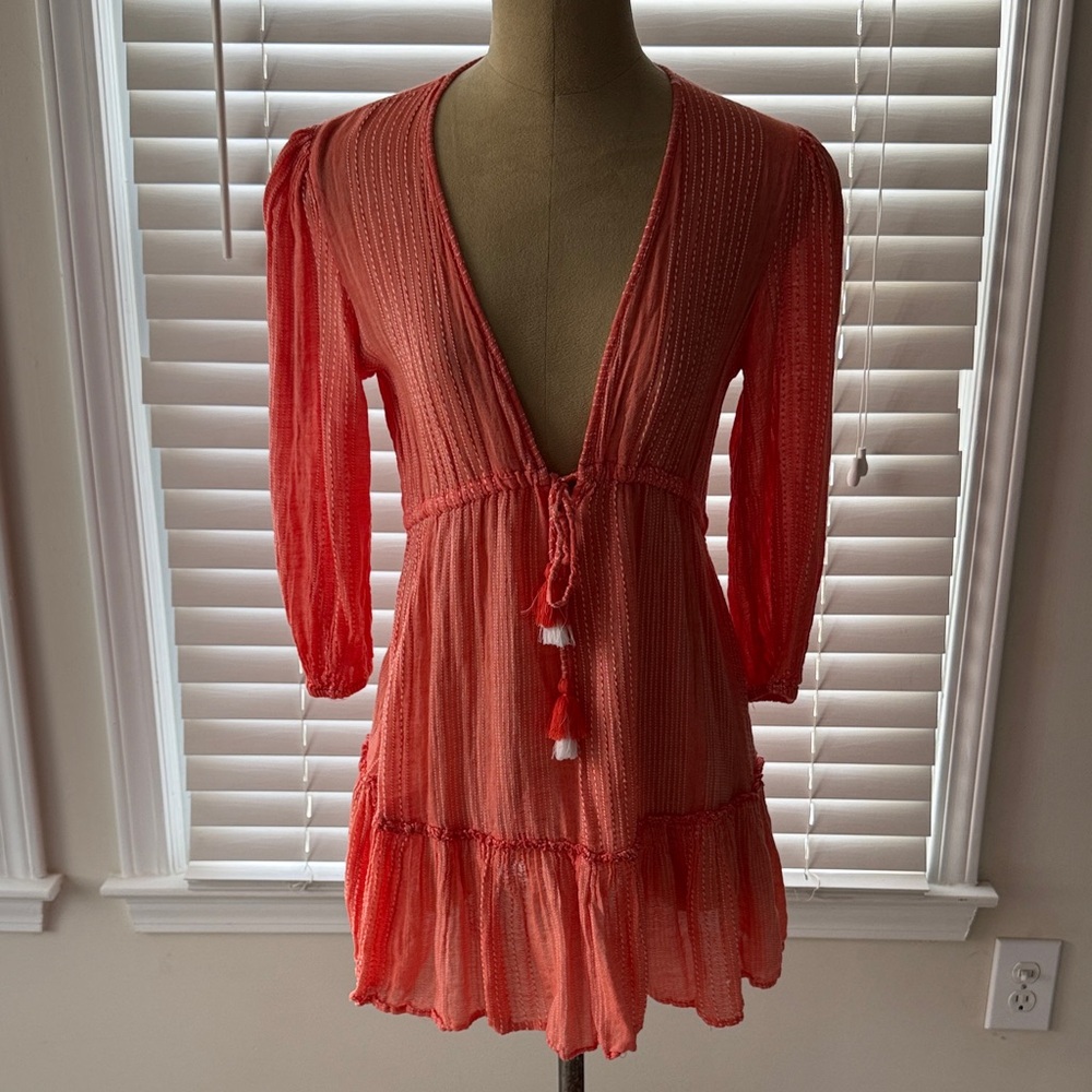 Coral Tassel Tie V-Neck Swim Coverup